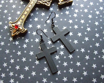 Black Mat Mourning Cross Earrings / Gothic Memento Mori Cross Earrings / Black Mat Cross Statement Earrings / For Goth Girls!