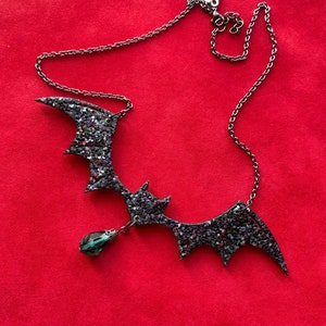 Beautiful Art Nouveau Style Glitter Bat Necklace /Large Gothic Glitter Bat Necklace /Choose From 3 Color Drop Stones /Halloween Bat Necklace