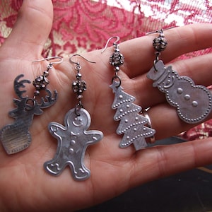 Old Fashioned Tin Stamping Christmas Earrings / Rustic Tin Stamping Rhinestone Earrings / Holiday Earrings / 4 Styles Your Choice!