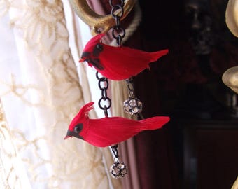 Red Cardinal Statement Dangle Earrings / Red Bird Dangle Earrings / Delicate Bird Jewelry / Kitschy Jewelry / Unique Gift! / Christmas