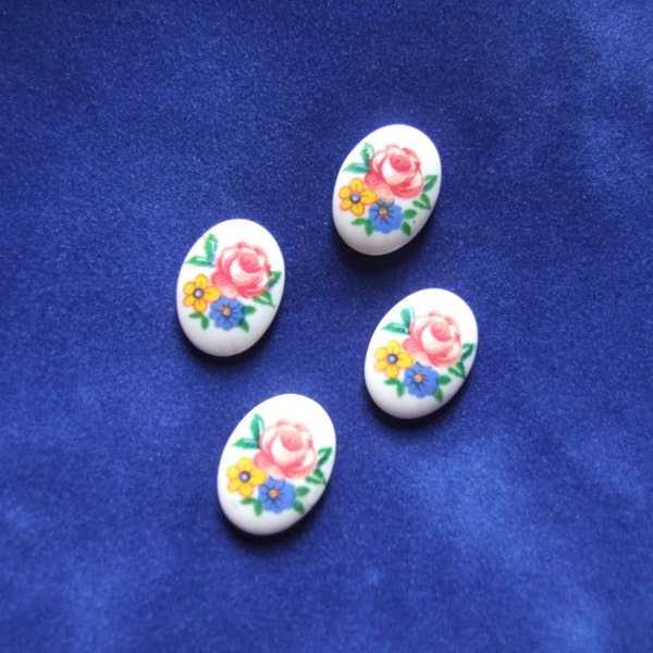 4 Vintage 70's Floral Decal Glass Cabochons / Vintage Milk Glass Floral Cabochons / Vintage Jewelry Supply Cabochons