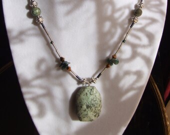 UNDER 25.00! ~ Spotted Green Jasper Drop Pendant Necklace / Natural Gemstone Zen Necklace / Spring Jewelry!