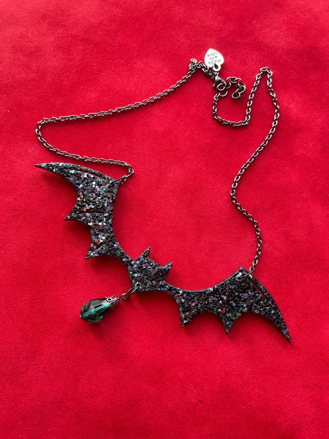 Beautiful Art Nouveau Style Glitter Bat Necklace /large Gothic Glitter