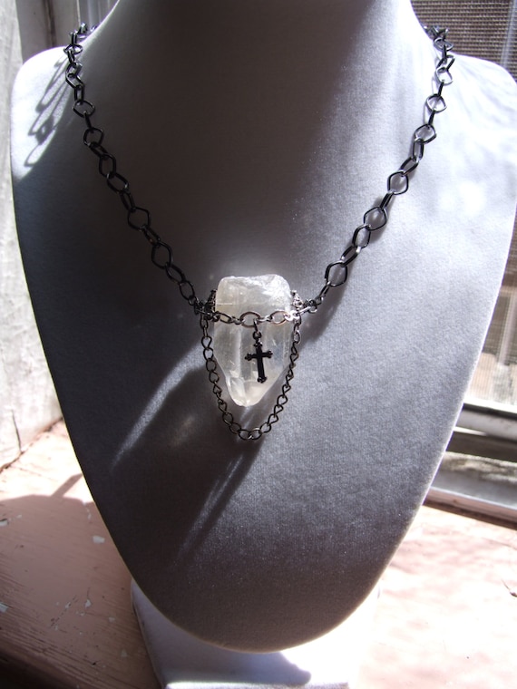 Medieval Warrior Quartz and Cross Pendant / Christian Warrior Quartz Pendant/ Natural Chunky Quartz Crystal/ Energy Stone/ Iridescent Sheen!