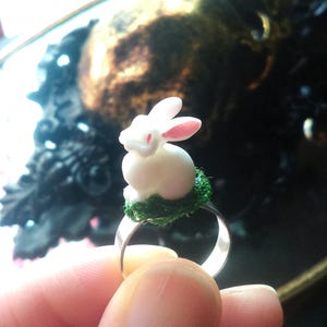 May include: A silver ring with a white rabbit figurine sitting on a bed of green moss.