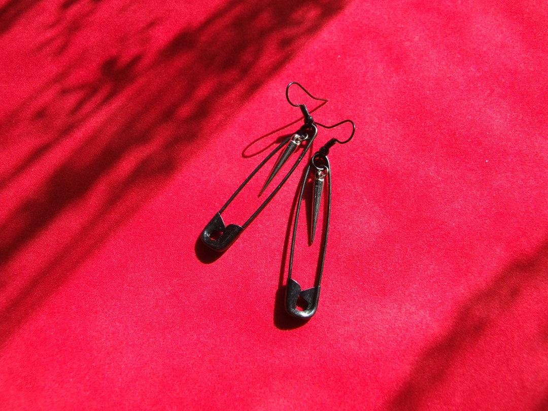 Big Black Punk Rock Safety Pin Earrings / Punk Safety Pin and Spike