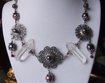 Victorian Black Pearl and Quartz Filigree Necklace/Earring Set / Romantic Vampire Statement Necklace /Raw Quartz / Freshwater Pearl Necklace