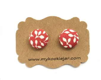 Red White Leaves Studs, Nickel-free Earrings Stud or Clip-ons for Girls and Women, Red Fabric Button Earrings, Statement Earrings, Handmade