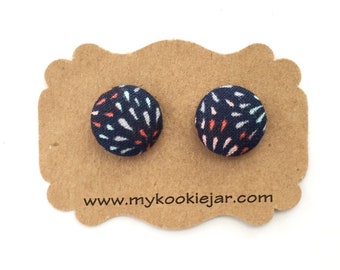 Midnight Blue with Pastel Bursts Fabric Button Earrings, Nickel-Free Studs and Clip-ons, Spring Earrings, Pastel Fabric Studs, Lightweight