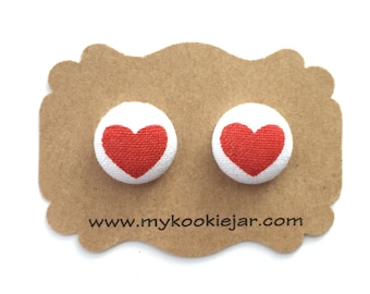 Red Heart Fabric Button Earrings, Valentine's Day Jewelry, Heart Studs, Nickel-free Studs or Clip-ons, Red Heart Earrings, Cute Gift Idea