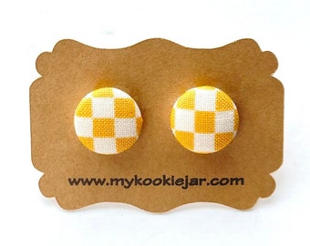 Bright Yellow Checkered Fabric Covered Button Earrings, Checkered Fabric Earrings, Nickel-Free Studs or Clip-ons, Lightweight Earrings