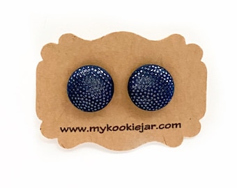 Metallic Midnight Blue Fabric Earrings, Dark Blue Studs, Something Blue Jewelry, Nickel-free Earrings for Girls and Women, Evening Jewelry