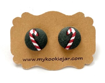 Holiday Green Candy Cane Fabric Button Earrings, Candy Cane Studs, Nickel-free Studs or Clip-ons, Cute Stocking Stuffer, Girl's Earrings