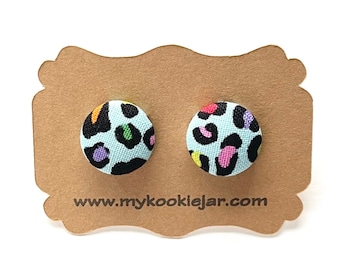 Colorful Rainbow Leopard Print Fabric Button Earrings, Cheetah Print Earrings, Throwback 90s Animal Print Earrings, Nickel-Free Studs Clips