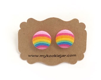 Rainbow Earrings, Rainbow Studs, Rainbow Pastel Colors Earrings, Rainbow Fabric Button Earrings, Girl's Earrings, Small Rainbow Studs Girls