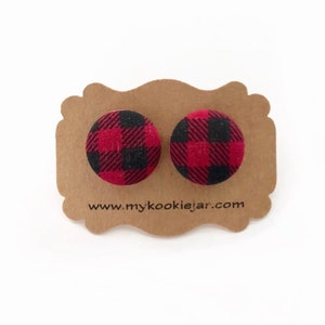 Red Buffalo Plaid Button Earrings, Festive Earrings, Fabric Covered Button Earrings, Woodland Earrings, Nickel-free, Lumberjack Earrings