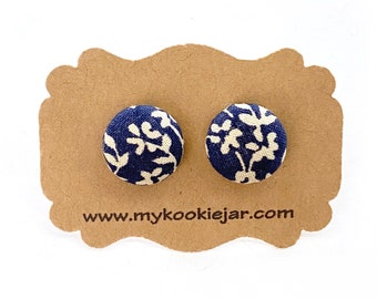 Blue Tan Floral Earrings, Something Blue Earrings, Blue Floral Fabric Studs, Nickel-free Earrings Girls and Women, Mother Daughter Gift