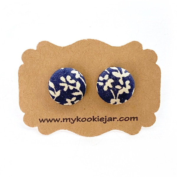 Blue Tan Floral Earrings, Something Blue Earrings, Blue Floral Fabric Studs, Nickel-free Earrings Girls and Women, Mother Daughter Gift