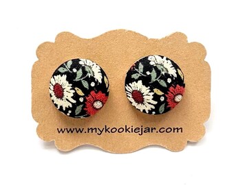 Autumn Floral Fabric Button Earrings, Dreamy Fall Statement Earrings, Nickel-free Studs or Clip-ons, Lightweight Studs, Handmade Gift Idea