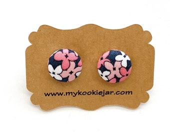 Ombre Pink Tiny Flowers on Grey Earrings, Spring Floral Fabric Earrings, Nickel-Free Studs or Clip-ons, Flower Girl, Lightweight Earrings