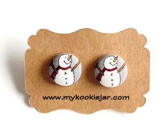 Winter Snowman Fabric Covered Button Earrings, Nickel-Free Studs or Clip-ons, Lightweight, Festive Earrings, Cutest Stocking Stuffer, Gift