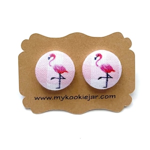 Flamingo Pink White Gingham Fabric Button Earrings, Nickel-Free Studs or Clip-ons, Cute Flamingo Gift Idea, Summer Tropical Beach Jewelry