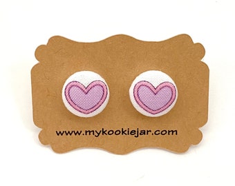 Purple Pink Heart Fabric Button Earrings, Girl's Heart Earrings, Nickel-free Studs or Clip-ons, Lightweight, Girls' Gift Idea, Heart Studs