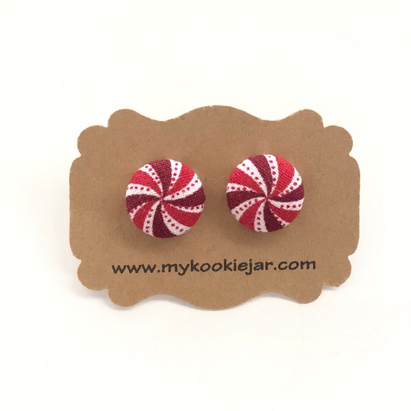 Red White Peppermint Swirl Earrings, Candy Fabric Studs, Festive Red Studs, Nickel-free Studs or Clip-ons, Cute Stocking Stuffer Gift Idea