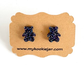 Iridescent Glitter Violet Blue Teddy Bear Shaped Acrylic Laser Cut Earrings, Nickel-Free Lightweight, Cute Glitter Bear Earrings, Gift Idea