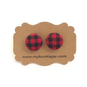 Tiny Red Buffalo Plaid Earrings, Red Buffalo Plaid Fabric Studs, Handmade Gift Idea, Woodland Earrings, Everything Plaid Lover, Nickel-free