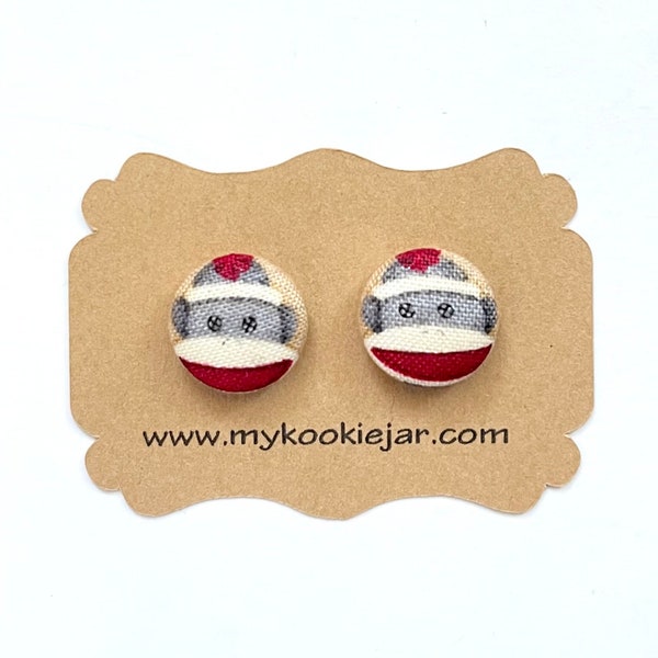 Sock Monkey Fabric Button Earrings, Funny Monkey Animal Studs, Cute Quirky Earrings, Nickel-Free Studs or Clip-ons, Cute Stocking Stuffer