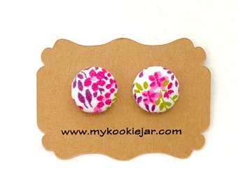 Pretty Pink and Purple Floral Earrings, Spring Flower Fabric Studs, Nickel-free Studs or Clip-ons Earrings Girls and Women, Titanium Post