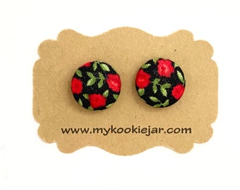 Christmas Red Roses Flowers Fabric Earrings, Festive Earrings, Red Green Floral Studs, Nickel-Free Studs or Clip-ons, Lightweight Earrings