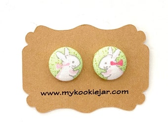 Easter Bunny Fabric Button Earrings, Easter Basket Filler, Spring Earrings for Girls, Nickel-free Studs or Clip-ons, Light Green, Handmade