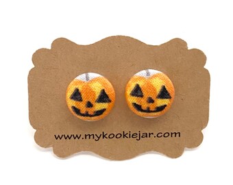 Halloween Pumpkin Face Jack O Lantern Earrings, Jack O Lantern Fabric Button Earrings, Nickel-free Studs or Clip-ons, Pumpkin Face Jewelry