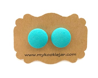 Solid Bright Turquoise Fabric Button Oorbellen, Nikkel-vrije Studs of Clip-ons, Lente Oorbellen, Kleurrijke Girl's Oorbellen, Lichtgewicht Studs