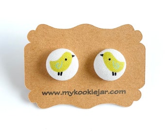 Cute Spring Little Birds Fabric Covered Button Earrings, Love Birds, Spring Jewelry, Nickel-free Studs or Clip-ons, Lightweight Earrings