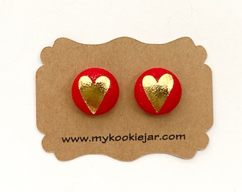 Valentine's Day Gold Foil Heart on Red Fabric Button Earrings, Nickel-free Studs and Clip-ons Earrings, Hearts Day Earrings, Valentine's Day