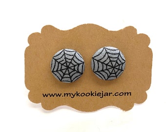 Grey Black Spiderweb Fabric Earrings, Cobweb Studs, Halloween Jewelry, Nickel-free Studs and Clip-ons for Girls and Women, Spooky Cute Studs