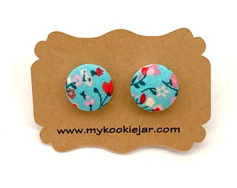 Bright Turquoise Pink & Red Floral Fabric Button Earrings, Nickel-free Studs Clip-ons, Floral Studs, Girl's Earrings, Spring Floral Studs