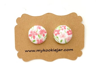 Spring Pink Floral Fabric Button Earrings, Pink Flower Earrings for Girls, Nickel-free Stud or Clip-ons, Flower Girl Earrings, Titanium Post