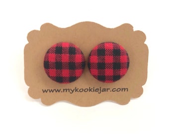 Christmas Tiny Red Buffalo Plaid Earrings, Buffalo Plaid Studs, Nickel-free, Stocking Stuffer, Holiday Earrings, Woodland Fabric Earrings