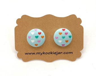 Blue with Tiny Rainbow Hearts Fabric Button Earrings, Nickel-free Studs and Clip-ons Earrings for Girls, Lightweight Hearts Earrings