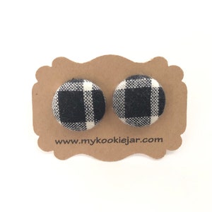 Black and White Plaid Button Earrings, Love Plaid Fabric Studs, Nickel-free Earrings, Lightweight, Titanium Post, Monochrome Fabric Studs