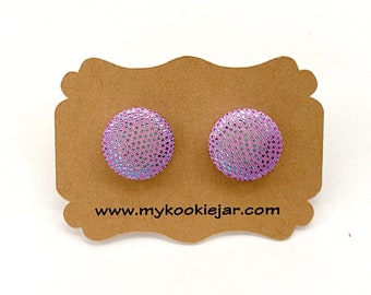 Metallic Purple Pink Iridescent Fabric Button Earrings, Nickel-free Earrings for Girls, Cute Earrings Studs or Clip-ons, Purple Gift Idea