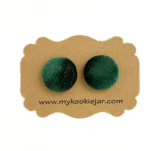 Christmas Solid Cedar Green Velvet Fabric Button Earrings, Nickel-Free Studs or Clip-ons, Festive Earrings, Handmade Gift Idea for Girls