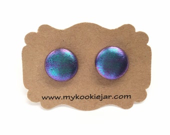 Violet Metallic Iridescent Fabric Button Earrings, Nickel-free Studs or Clip-ons, Mermaid Gift Idea, Lightweight, Cute Girl's Earrings