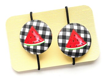 Monochrome Black White Gingham Plaid Watermelon Summer Fruit Fabric Button Hair Ties, Cute Ponytail Holders, Back to School Hair Accessories