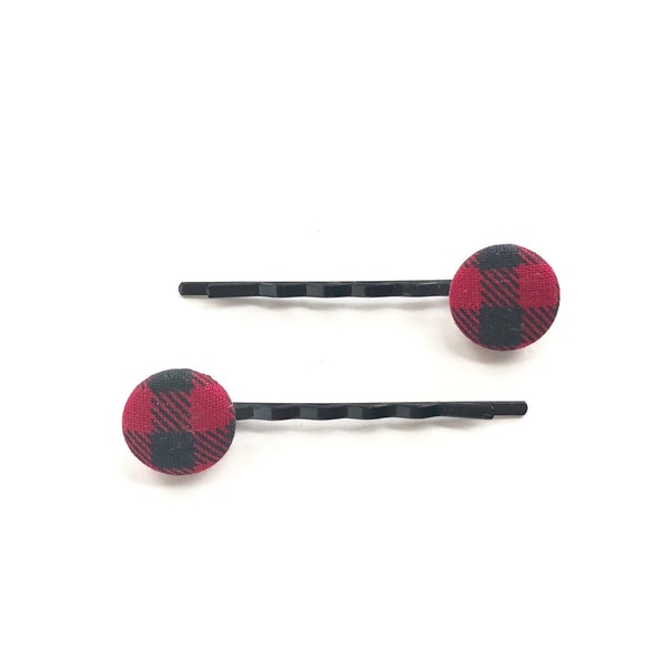 Red Buffalo Plaid Button Bobby Pins, Red Buffalo Plaid Fabric Covered Button Bobbies, Black Bobby Pins, Woodland Bobby Pins, Lumberjack