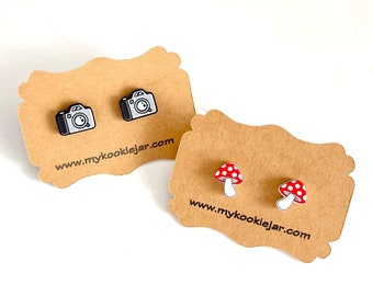 Cute Tiny Laser Cut Acrylic Stud Earrings, Camera Studs, Photographer Earrings, Woodland Red Mushroom Earrings, Nickel-Free and Lightweight